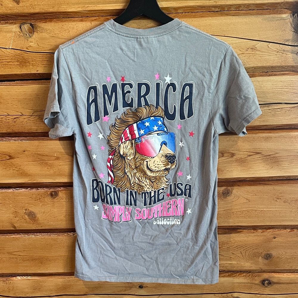 Simply Southern Gray Patriotic Dog Graphic Tee with Red, White & Blue Accents